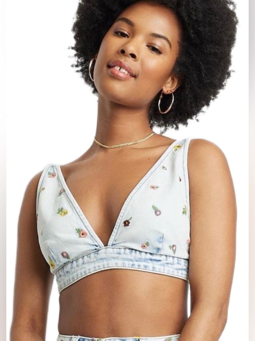 NWT Wild Fable Light Denim Triangle Cup Floral V Neck Bralette Crop Top Clubwear
